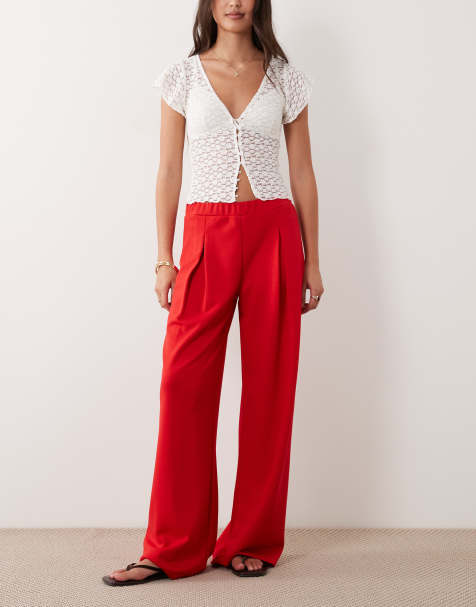 ASOS DESIGN co-ord interlock pleated pull on wide leg trousers in red - view 1