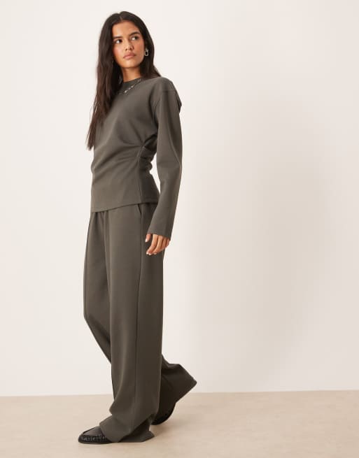 ASOS DESIGN co-ord interlock wide leg trouser in charcoal, 3 of 5