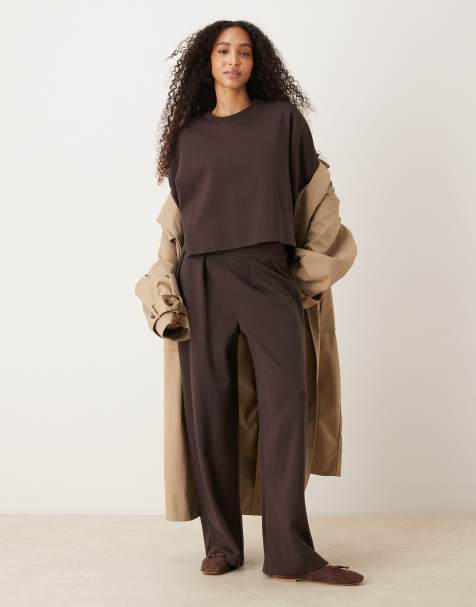 ASOS DESIGN co-ord interlock wide leg trouser in chocolate - view 1