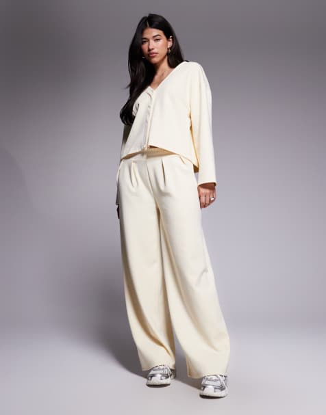 ASOS DESIGN co-ord interlock wide leg trouser in cream - view 1