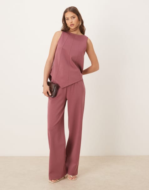ASOS DESIGN co-ord interlock wide leg trouser in dusky red - view 1