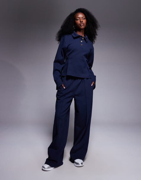 ASOS DESIGN co-ord interlock wide leg trouser in navy - view 1