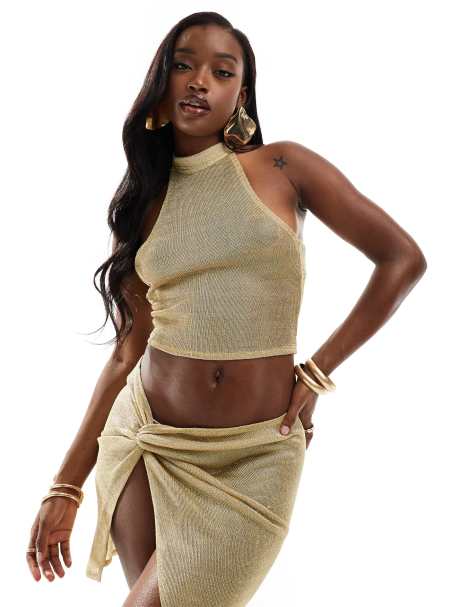 ASOS DESIGN co-ord jersey chainmail halter top in gold  - view 1