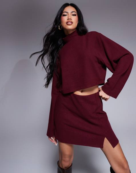ASOS DESIGN co-ord jersey ribbed wide sleeve turtle neck top in burgundy