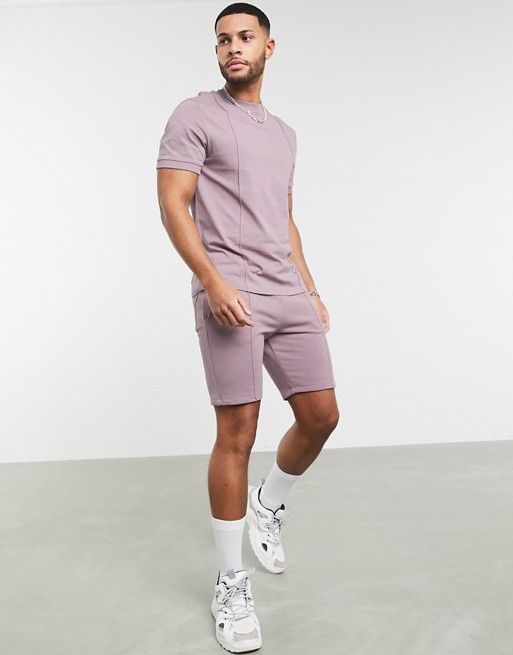 ASOS DESIGN co-ord jersey skinny shorts with pin tucks in dusty purple