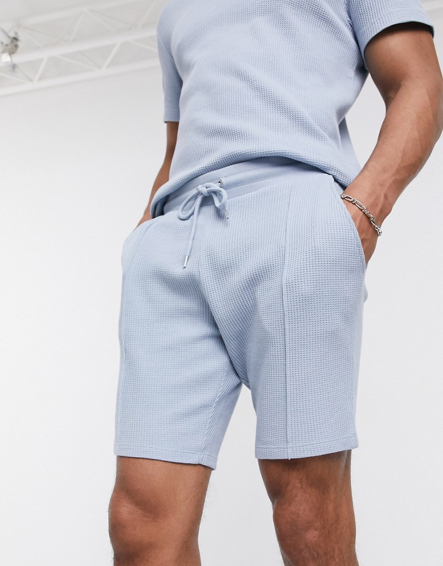 ASOS DESIGN co-ord jersey skinny waffle shorts in blue with pin tucks