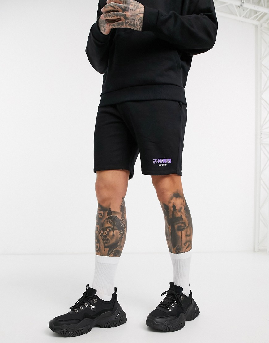 ASOS DESIGN co-ord jersey slim shorts in black with dragon print