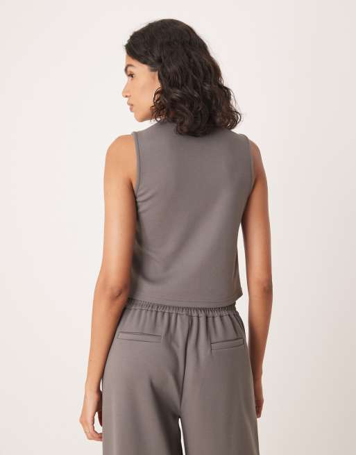 ASOS DESIGN co-ord jersey twill&nbsp;asymmetric waistcoat top in dark grey, 4 of 4