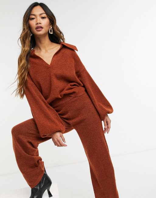 ASOS DESIGN co-ord jumper with open collar and trouser in rust, 2 of 3