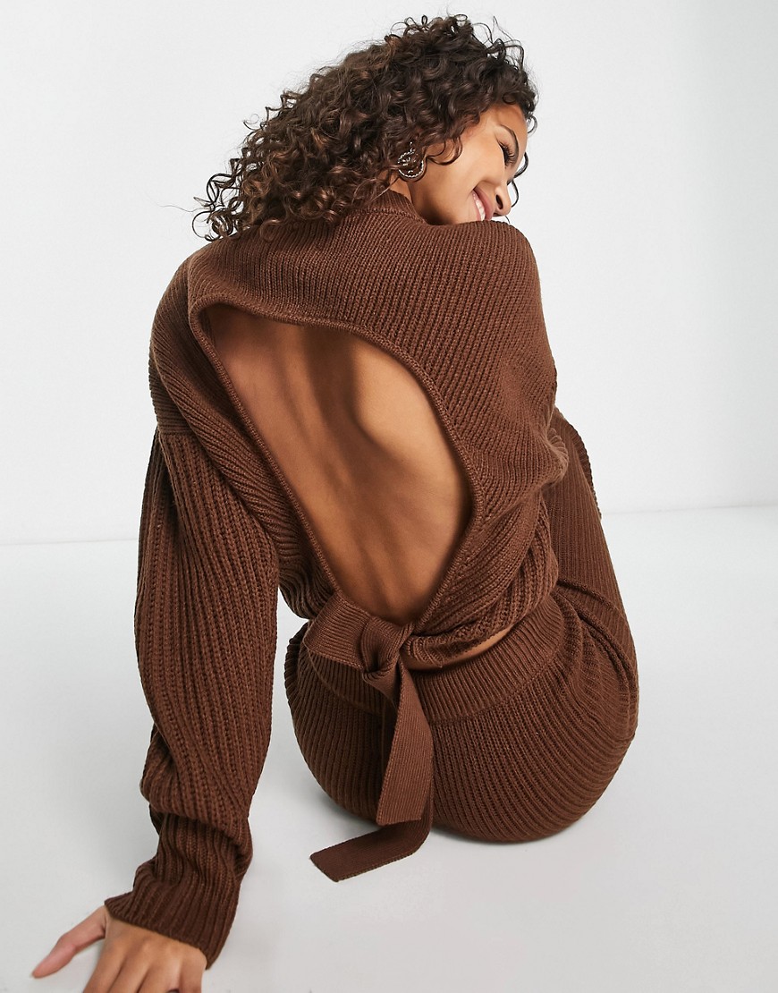 ASOS DESIGN co-ord jumper with tie back detail in brown
