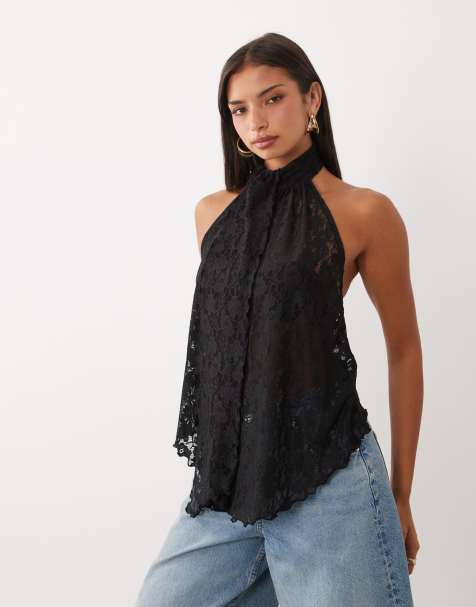 ASOS DESIGN co-ord kanten haltertop met drape in zwart - view 1