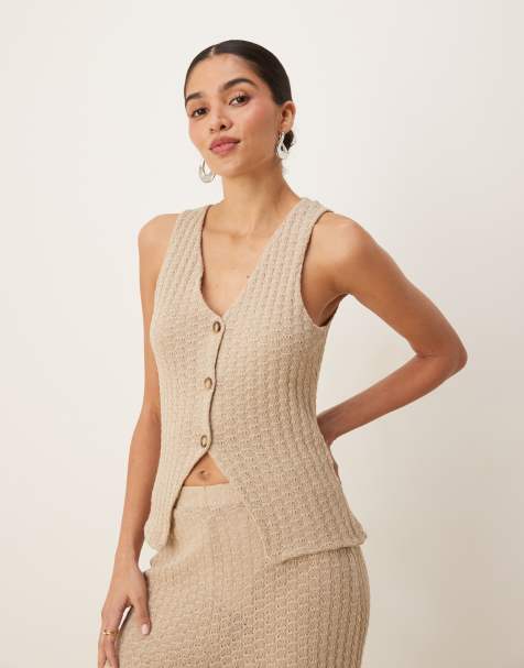 ASOS DESIGN co-ord knit button through sleeveless waistcoat in stone