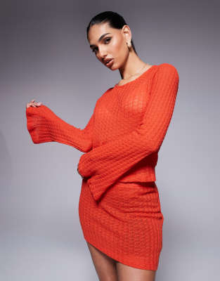 ASOS DESIGN co-ord knit long sleeve top with tie back detail in orange