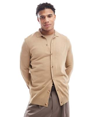 ASOS DESIGN co-ord knitted button through polo in stone-Neutral