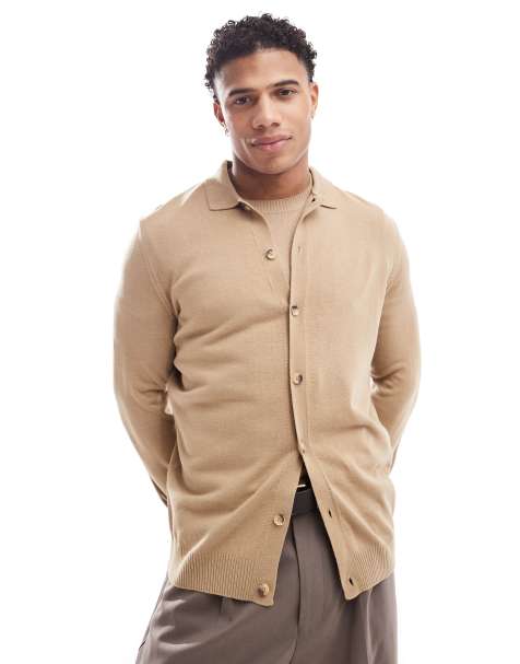 ASOS DESIGN co-ord knitted button through polo in stone - view 1