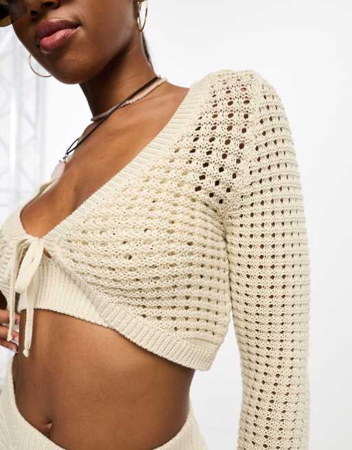 ASOS DESIGN co-ord knitted crochet crop cardigan in cream | ASOS