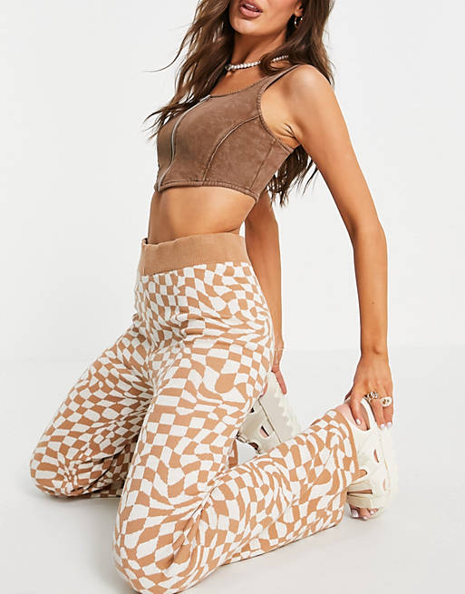  co-ord knitted flare trouser in distorted check pattern in camel 