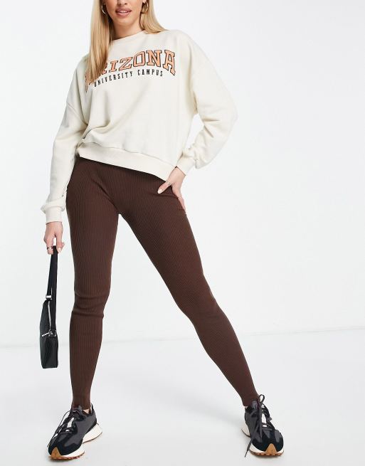 Brown and Milky Brown Knitted Striped Ripped Leggings, Leggings