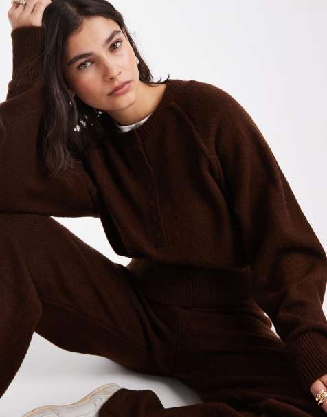 ASOS DESIGN co-ord knitted long sleeve henley jumper in chocolate - view 1