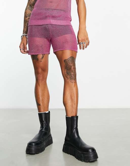 ASOS DESIGN co-ord knitted metallic mesh short in pink, 2 of 4