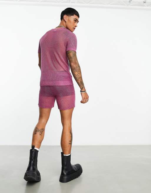 ASOS DESIGN co-ord knitted metallic mesh short in pink, 3 of 4