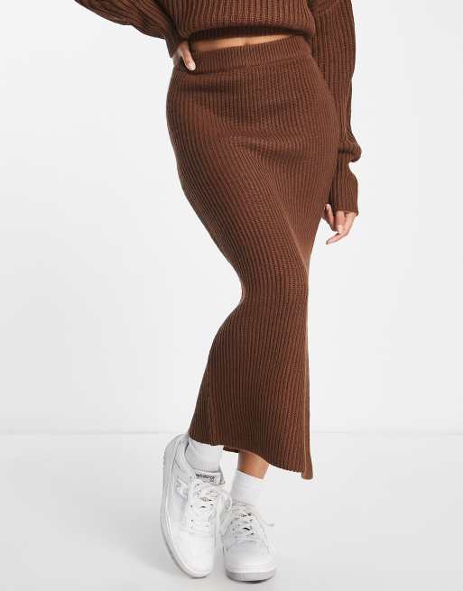 Brown Ribbed High Waist Midi Skirt, Co-Ords