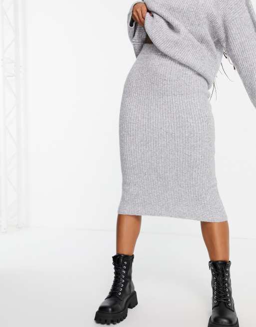 ASOS DESIGN co-ord knitted midi skirt in rib in grey