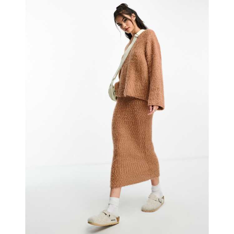 ASOS DESIGN co-ord knitted midi skirt in textured yarn in camel