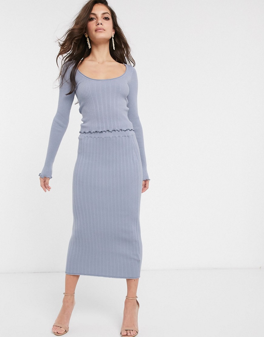 ASOS DESIGN co-ord knitted midi skirt with ruffle hem-Grey