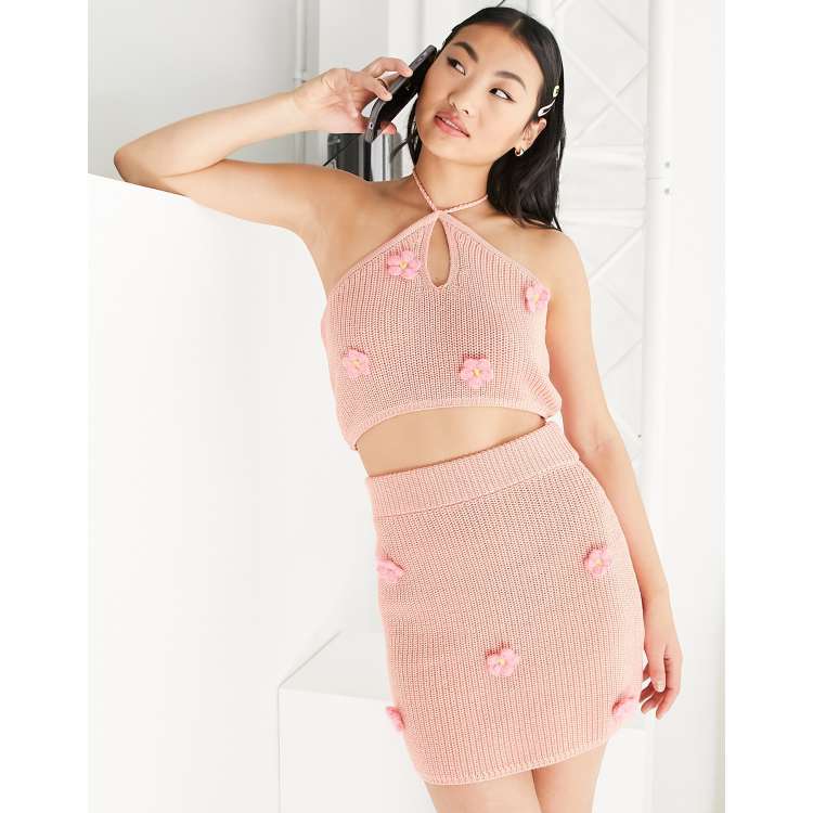 ASOS DESIGN co ord knitted mini festival skirt with 3D flower