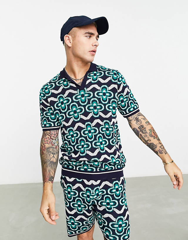 ASOS DESIGN - co-ord knitted notch neck polo shirt in floral print