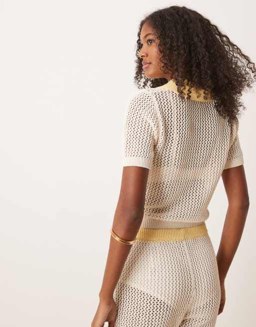 ASOS DESIGN co-ord knitted open stitch contrast trim polo top in cream and yellow, 3 of 4
