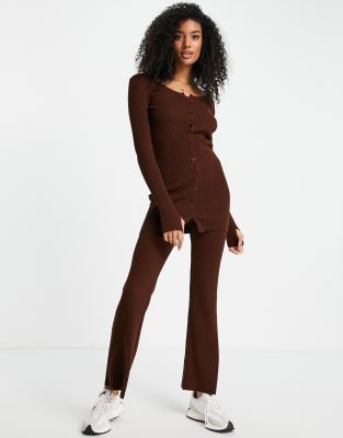 ASOS DESIGN co-ord knitted rib flare trousers in brown | ASOS