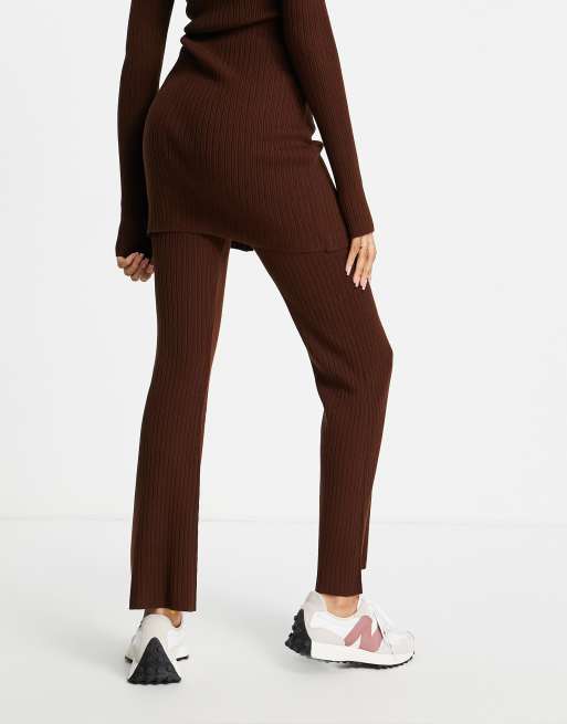 Mango Layers Fine Rib Knit Flared Trousers, Medium Brown, XXS