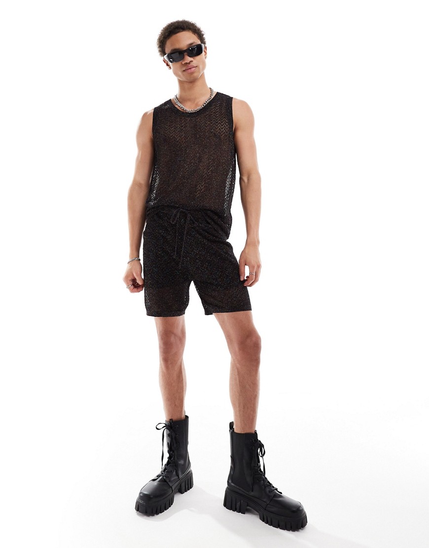 ASOS DESIGN co-ord knitted shorts in black metallic mesh-Multi