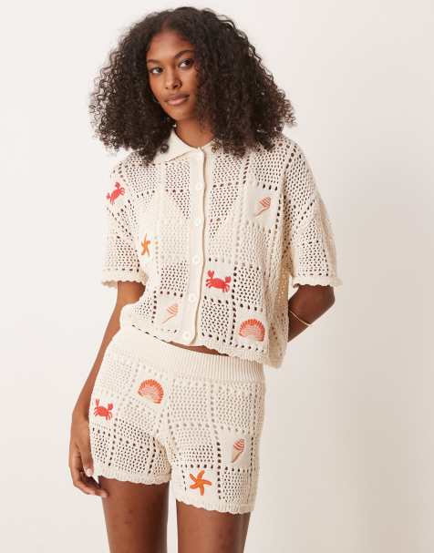 ASOS DESIGN co-ord knitted shorts with sea life embroidery in cream - view 1