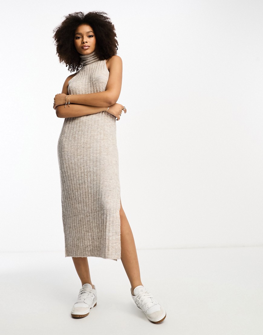 ASOS DESIGN co-ord knitted sleeveless midi dress with roll neck in stone-Neutral