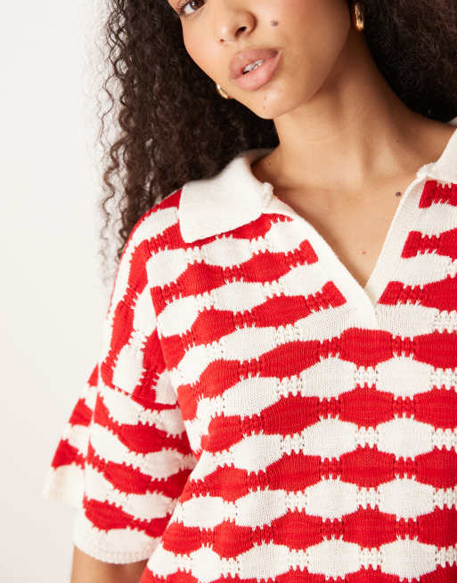ASOS DESIGN co-ord knitted stitch relaxed polo top in red and white stripe, 3 of 4