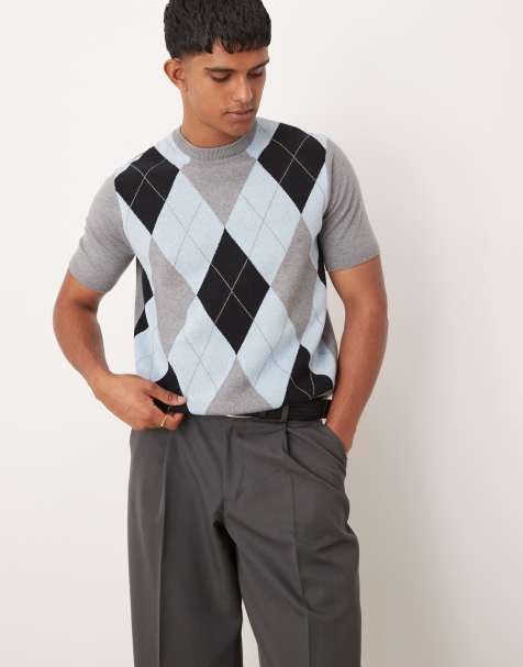 ASOS DESIGN co-ord knitted t-shirt with argyle pattern in blue - view 1