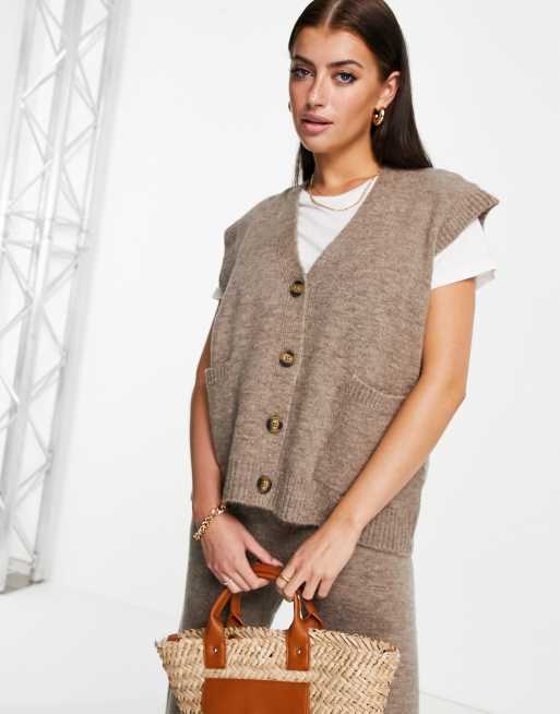 ASOS DESIGN co-ord knitted tank with button through detail in taupe, 2 of 4