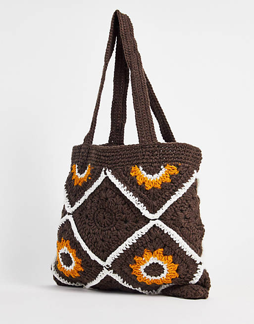 ASOS DESIGN co-ord knitted tote bag with 70's retro design
