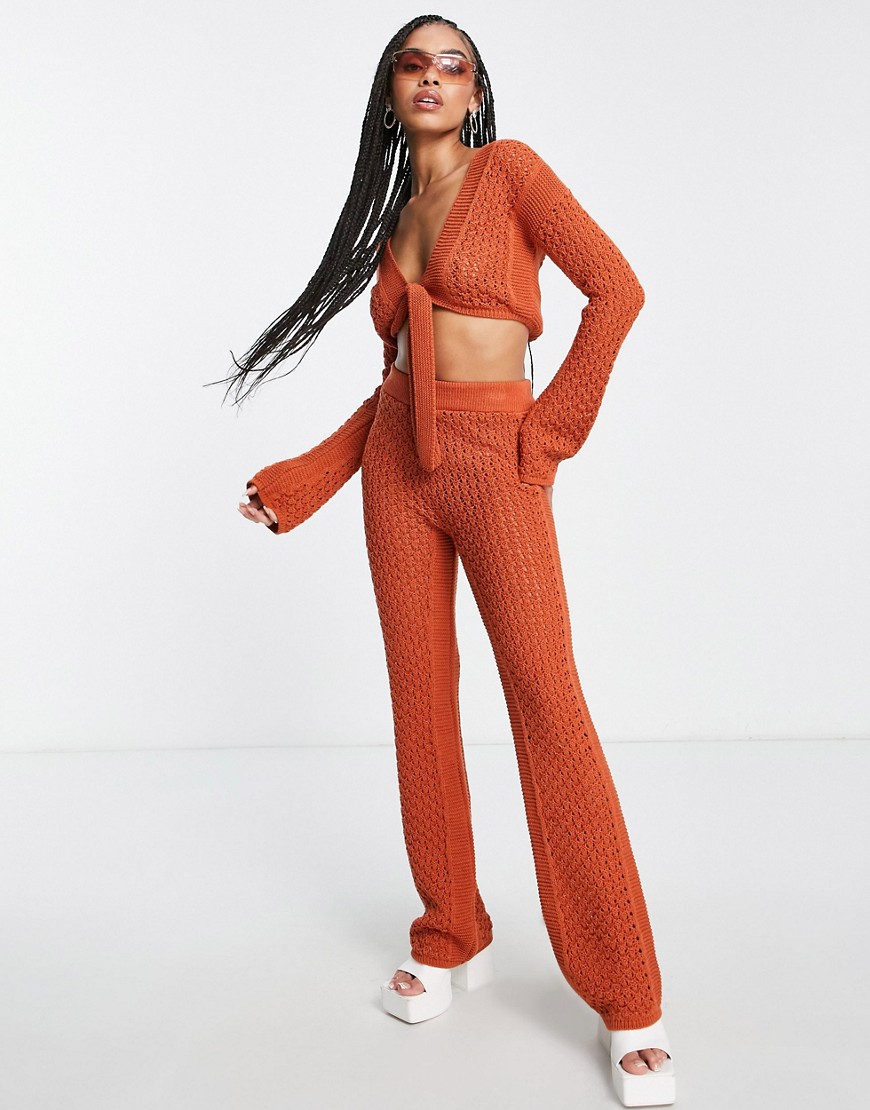 ASOS DESIGN co-ord knitted wide leg beach trouser in orange