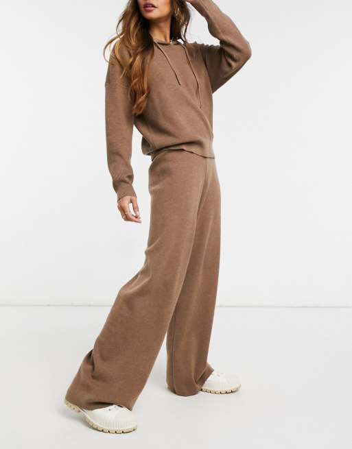 ASOS DESIGN knitted hoodie and wide leg trouser co-ord in brown, 3 of 3