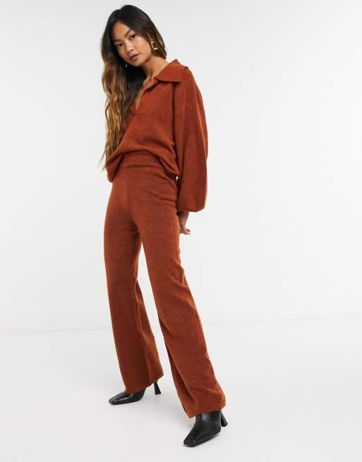 ASOS DESIGN co-ord jumper with open collar and trouser in rust, 3 of 3