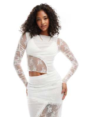 ASOS DESIGN co-ord lace and mesh mix long sleeve top in white