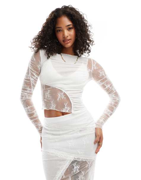 ASOS DESIGN co-ord lace and mesh mix long sleeve top in white - view 1