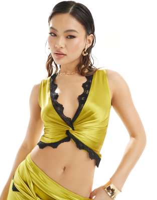 ASOS DESIGN ASOS DESIGN co-ord lace and satin mix plunge twist front top in olive-Green