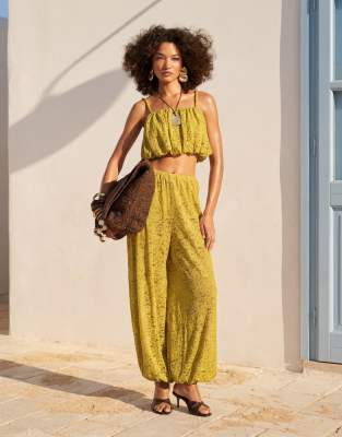 ASOS DESIGN co-ord lace balloon trousers with drawstring waist in green