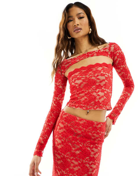 ASOS DESIGN co-ord lace bandeau top with shrug in red
