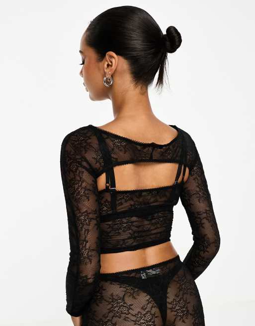 ASOS DESIGN co-ord robe and boxers in black lace